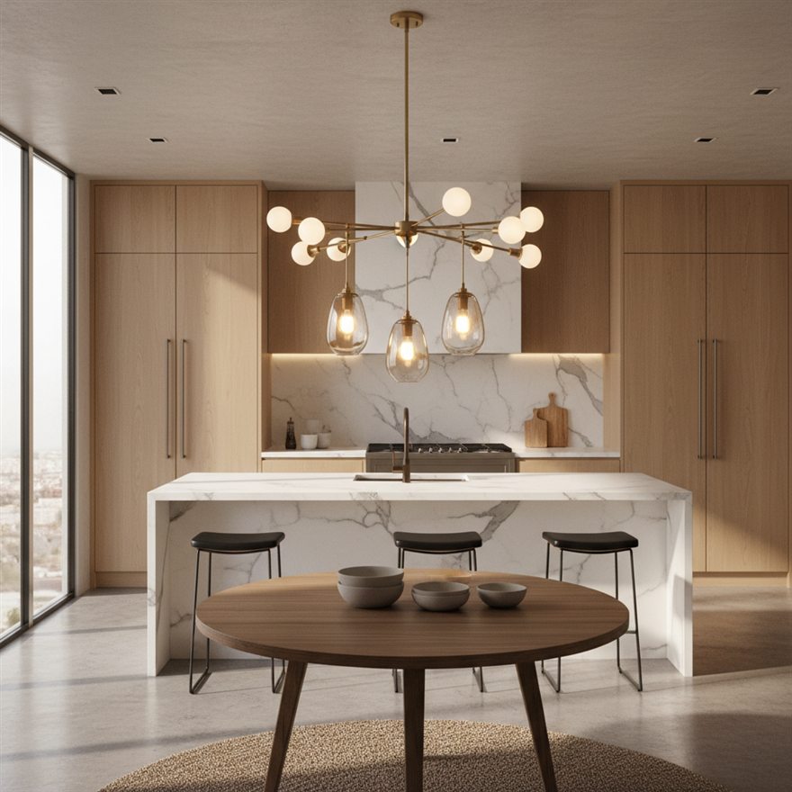 Chandelier and pendant light fixtures over a kitchen and dining area
