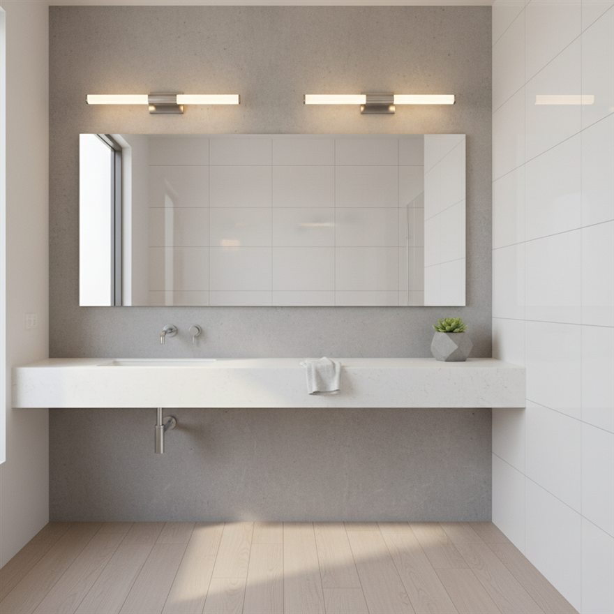 Modern vanity light fixtures installed above a bathroom mirror