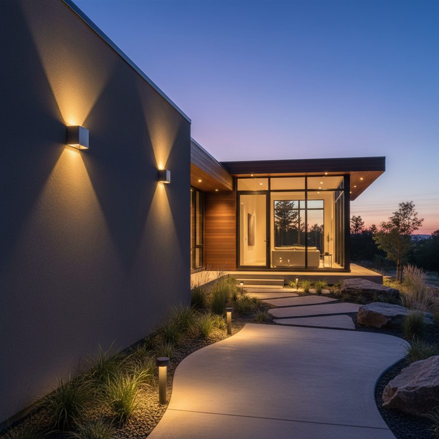 Outdoor and landscape light fixtures on a home exterior at dusk
