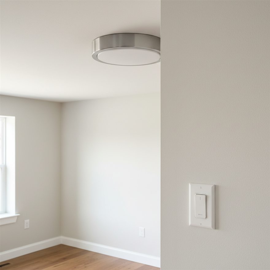 A new light fixture securely mounted with a dimmer switch