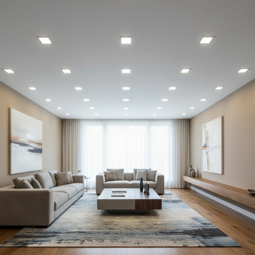 Recessed LED ceiling lights evenly spaced for even, dark-spot-free light