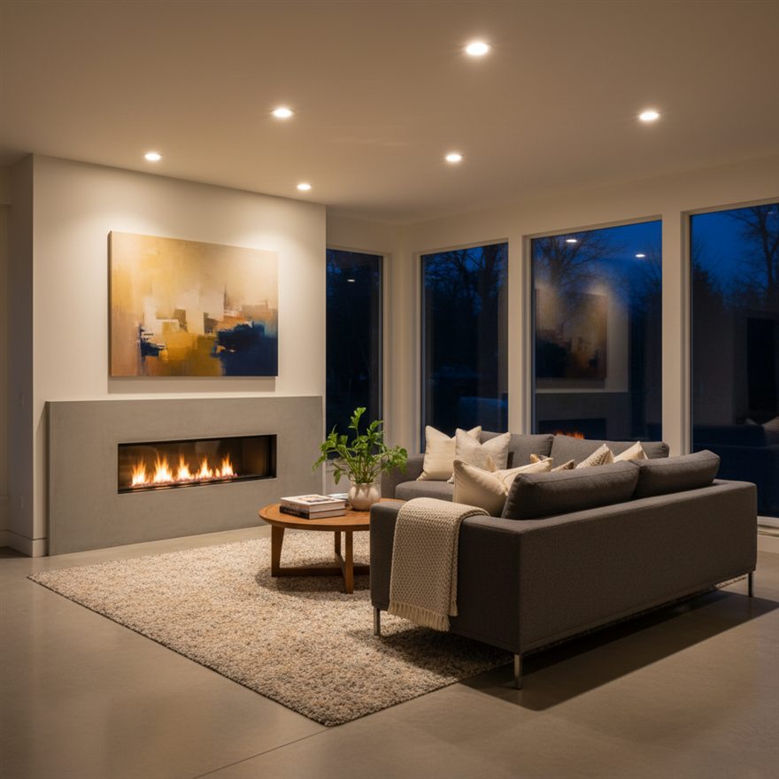 Warm, energy-efficient recessed LED lighting in a modern living room