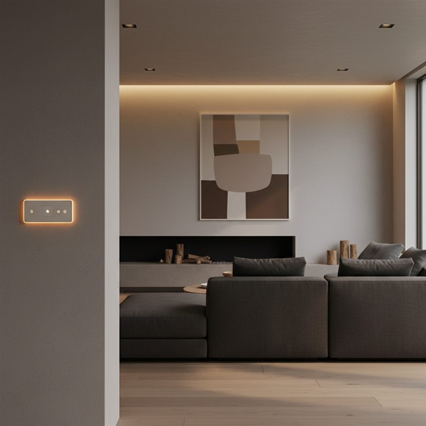 Recessed lighting on a dimmer set to a warm mood