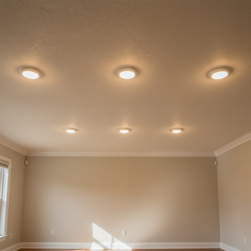 Recessed can lights retrofitted cleanly into an existing ceiling