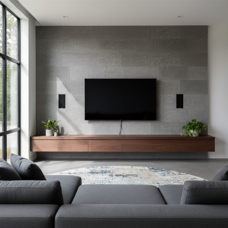 Wall-mounted TV with fully concealed wiring in a home media room