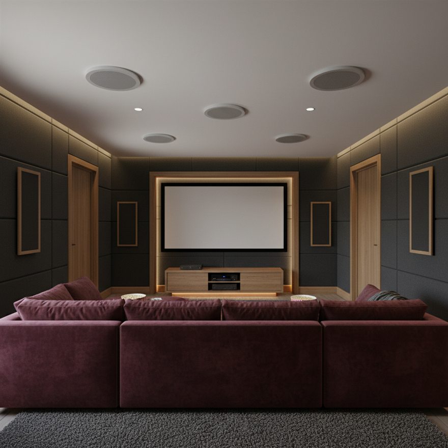 In-ceiling and in-wall surround sound speakers in a home theater