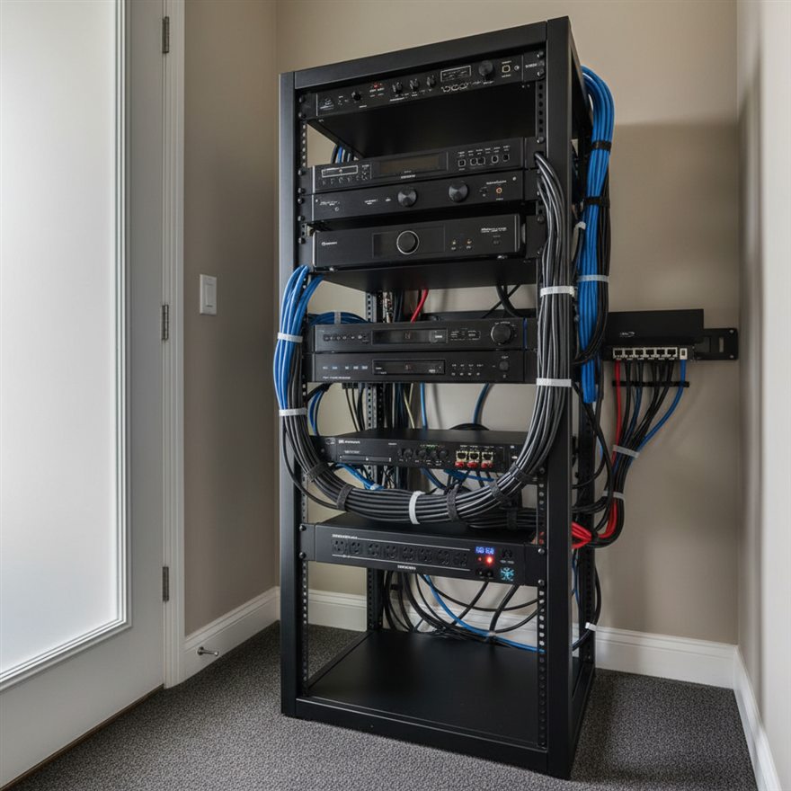 Home theater AV equipment rack with surge protection and tidy cabling