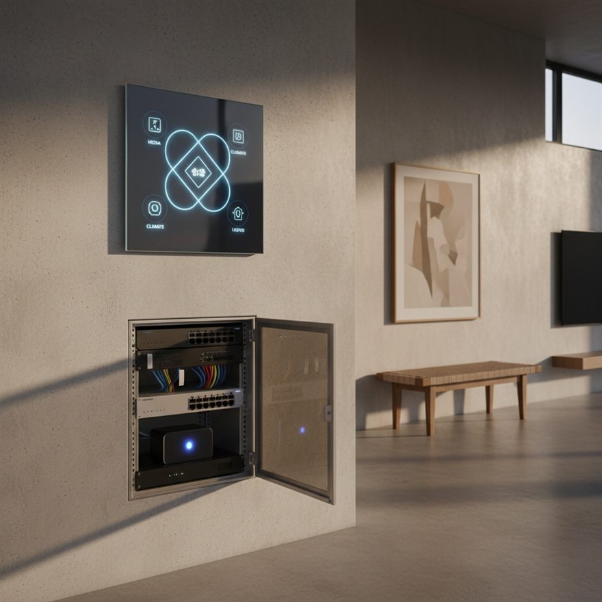 Smart home control panel and network rack for a connected theater