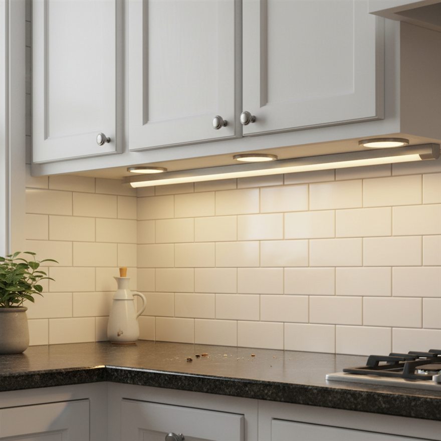 LED strip and puck under-cabinet lights mounted under a cabinet