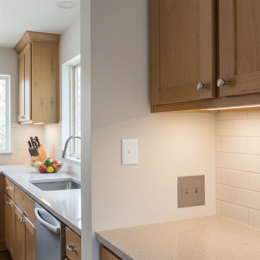 Under-cabinet lighting with hidden wiring and a clean wall switch