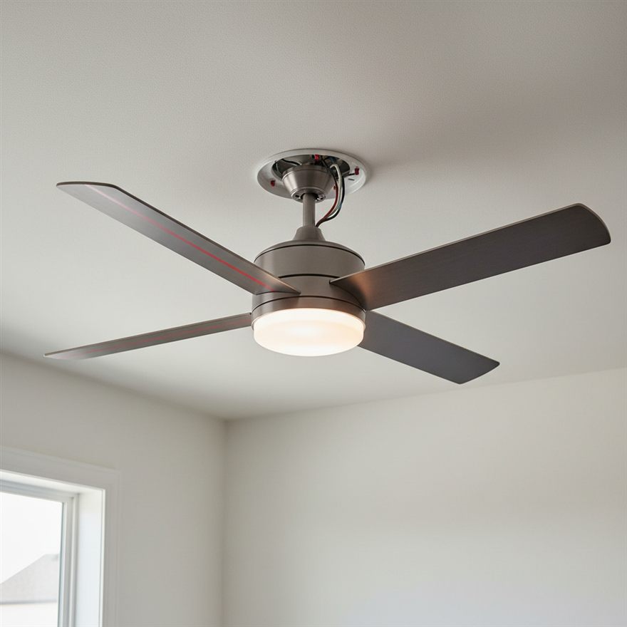 Close-up of a new ceiling fan with light kit on a fan-rated box