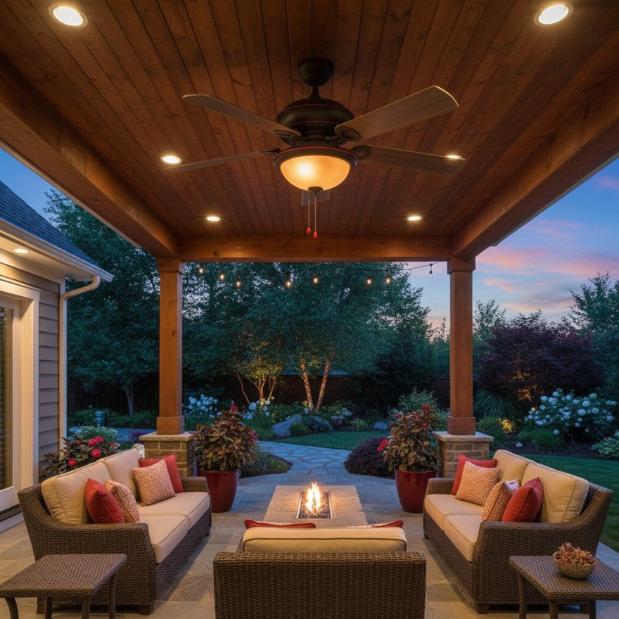 Outdoor patio ceiling fan installed under a covered patio