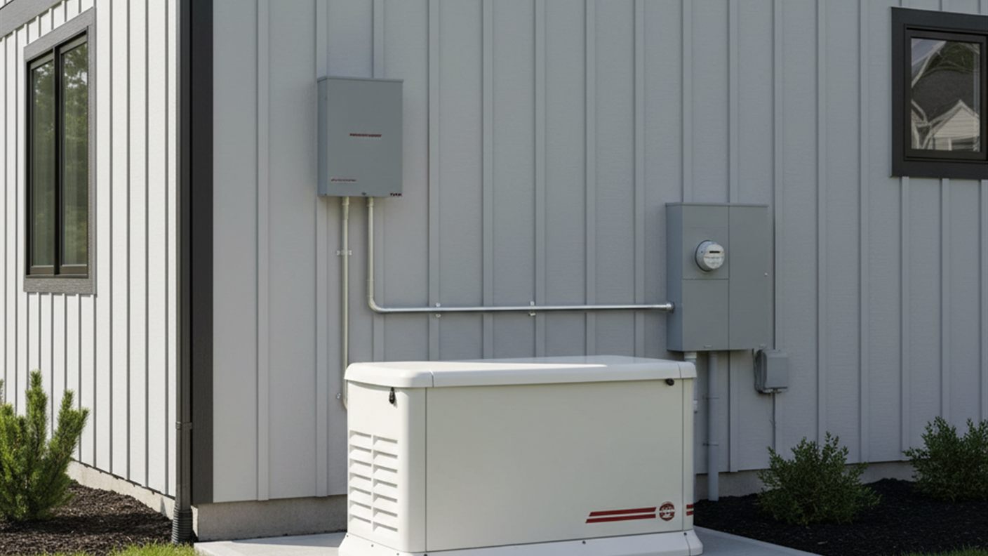 Whole-home standby generator installed on a concrete pad