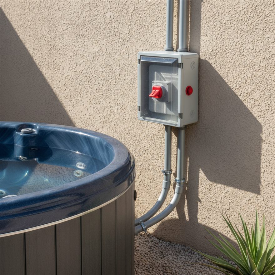 Weatherproof disconnect mounted within sight of the hot tub to code